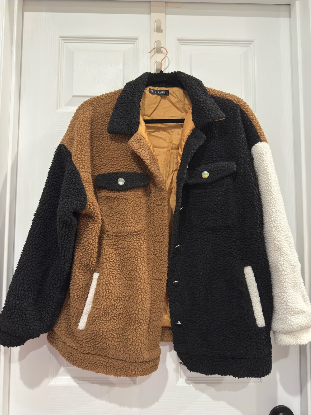 Colorblock Brown, Black and Cream Faux Shearling Sherpa Teddy Button-Up Jacket